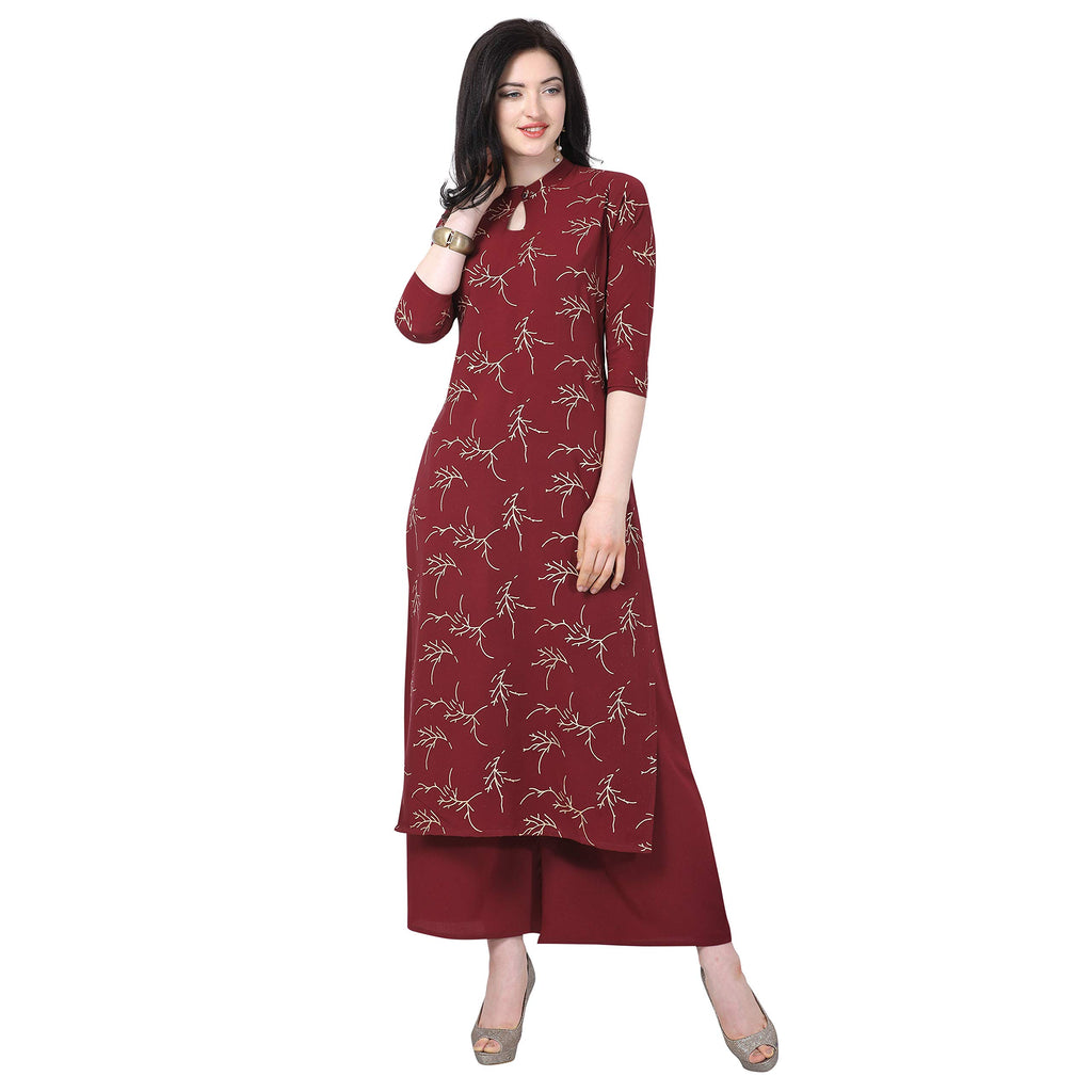 Nainvish Women'S Crepe Floral Regular Kurta With Pant (Sd039_Maroon