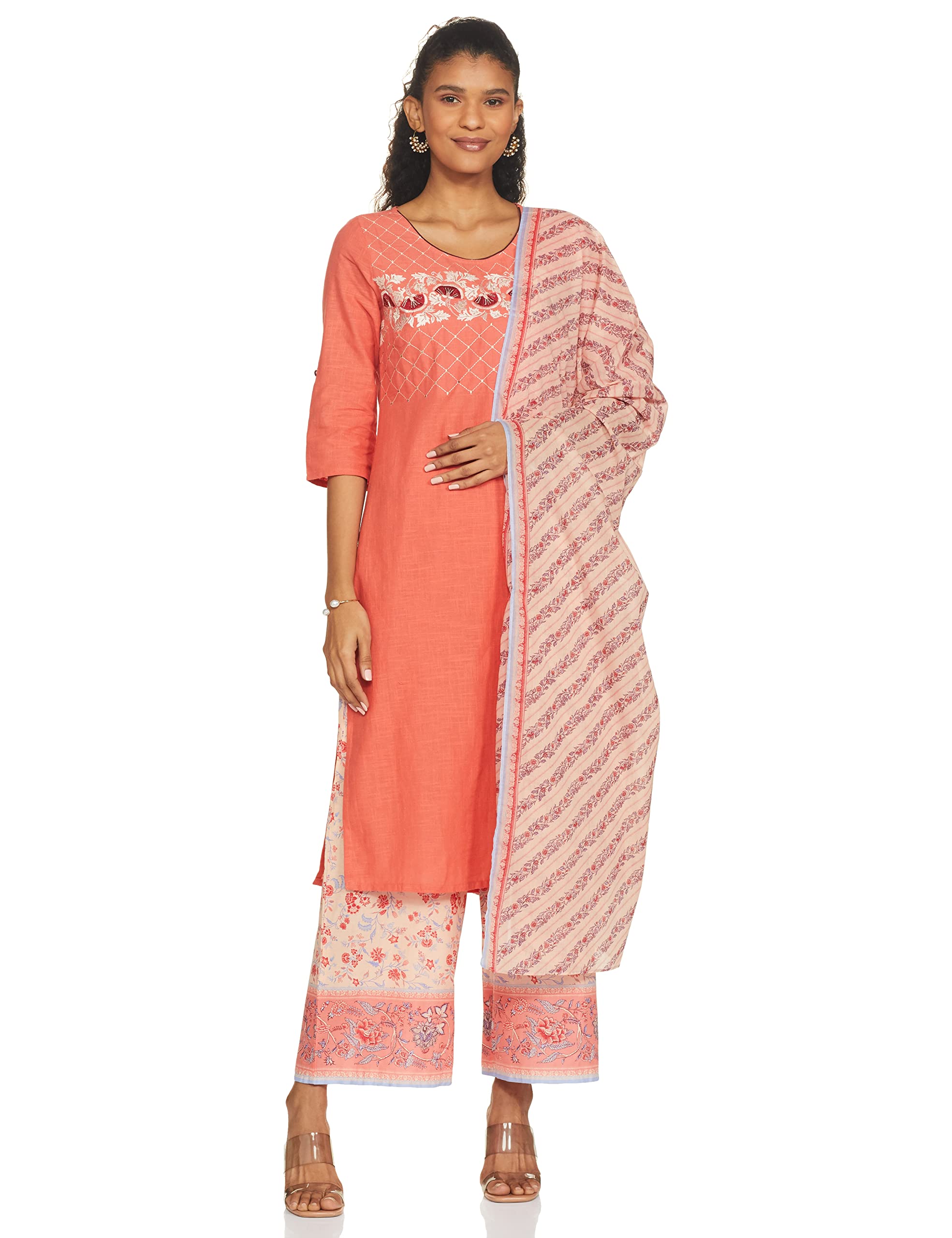 Aurelia Womens Cotton Kurta, Palazzo & Dupatta (21Onas12605-603252-Orange-S)