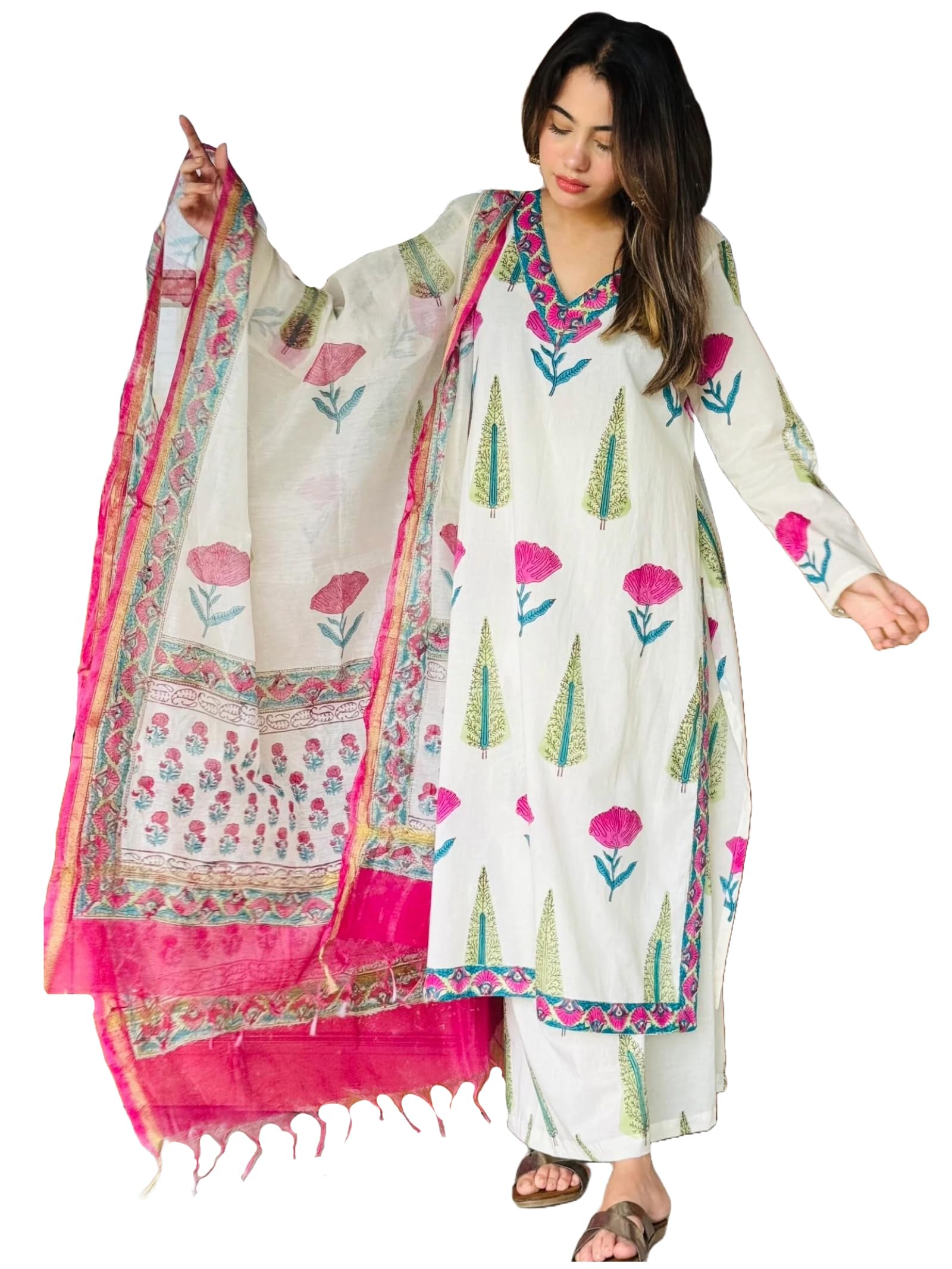 ANNI DESIGNER Women s Rayon Blend Printed Straight Kurta with Pants and Dupatta, white, L