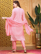 Ishin Women Pink 3Pcs Kurta Set With Dupatta