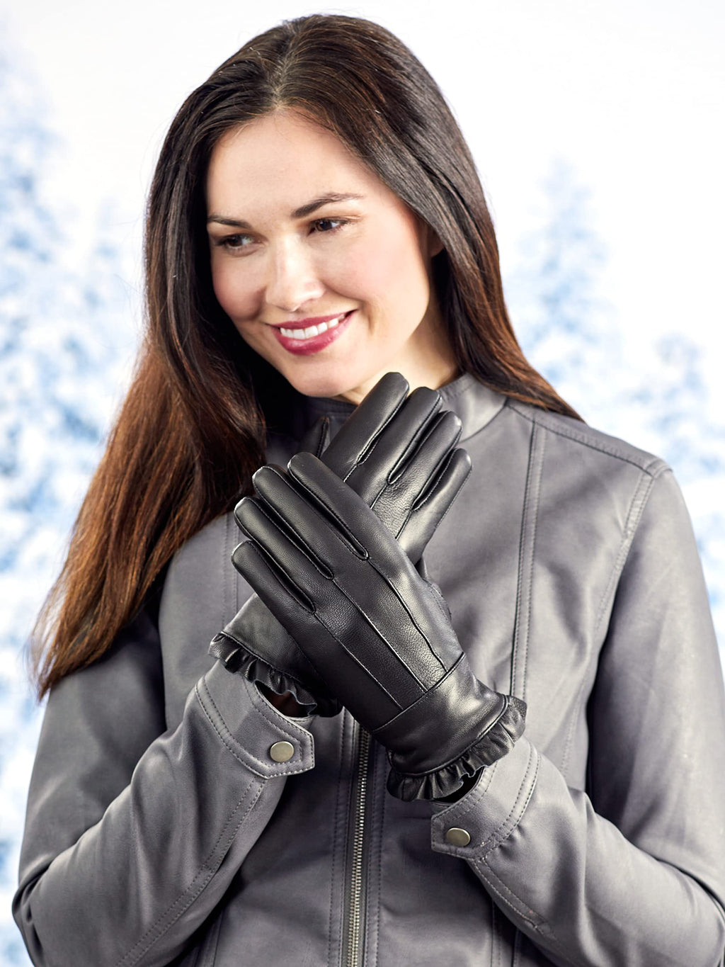 Fleece-Lined Leather Gloves - Ruffle Medium