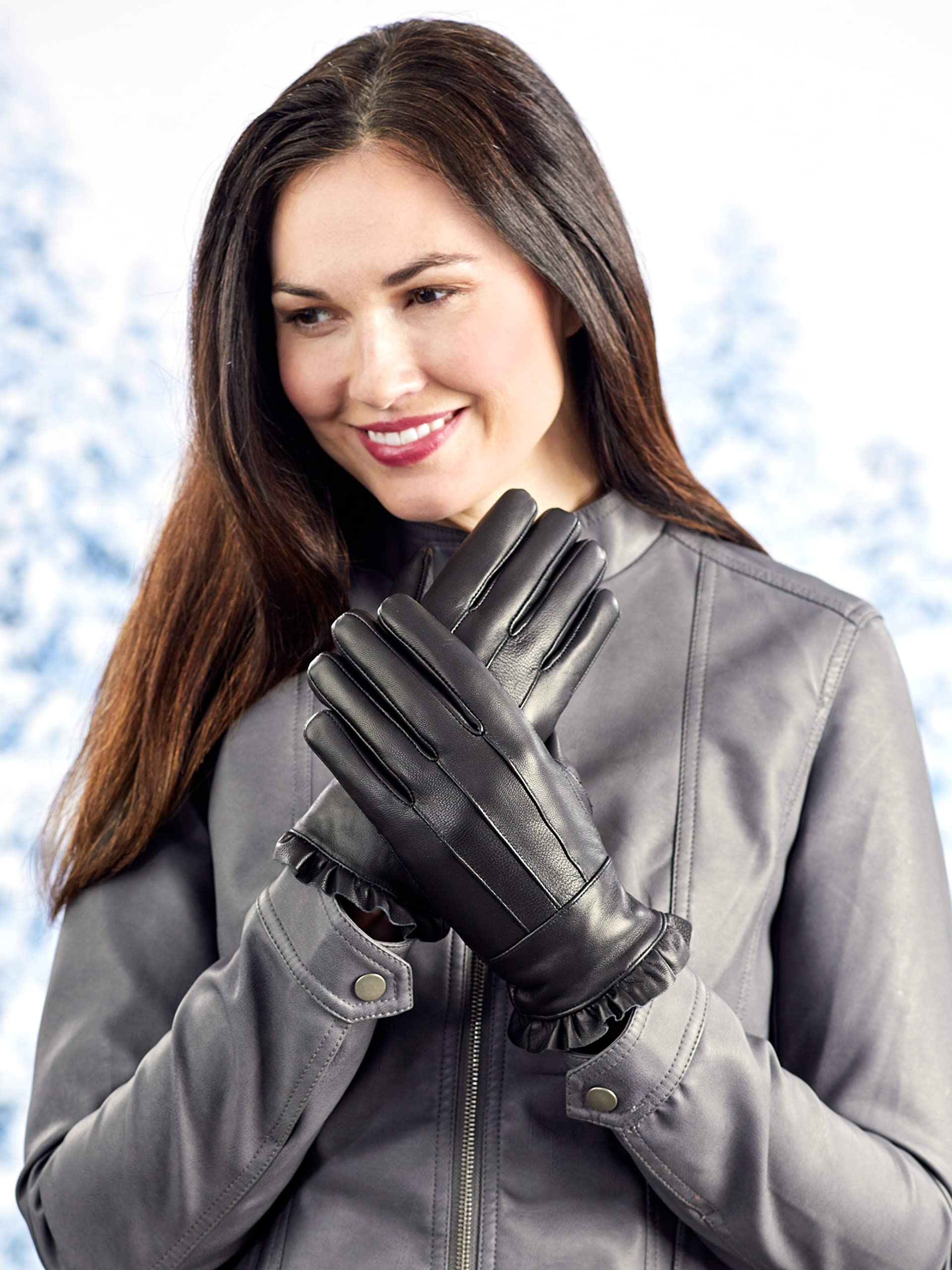 Fleece-Lined Leather Gloves - Ruffle Medium