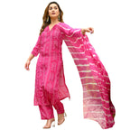 ANNI DESIGNER Womens Rayon Blend Straight Bandhej Printed Kurta with Pant & Dupatta (Baghira Pink_S_Pink_Small)