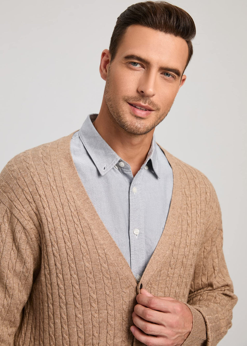 Kallspin Men's Cardigan Sweater Cashmere Wool Blend Cable Knit V Neck Buttons Cardigan with Pockets(Coffee, 3X-Large)
