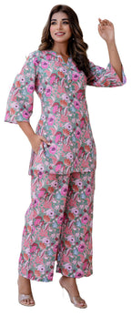 LookMark Womens Trendy Printed Cotton Blend Straight Rama Color Kurta and Palazzo Set (AZ-LM-P1-KS2075 RAMA-M)