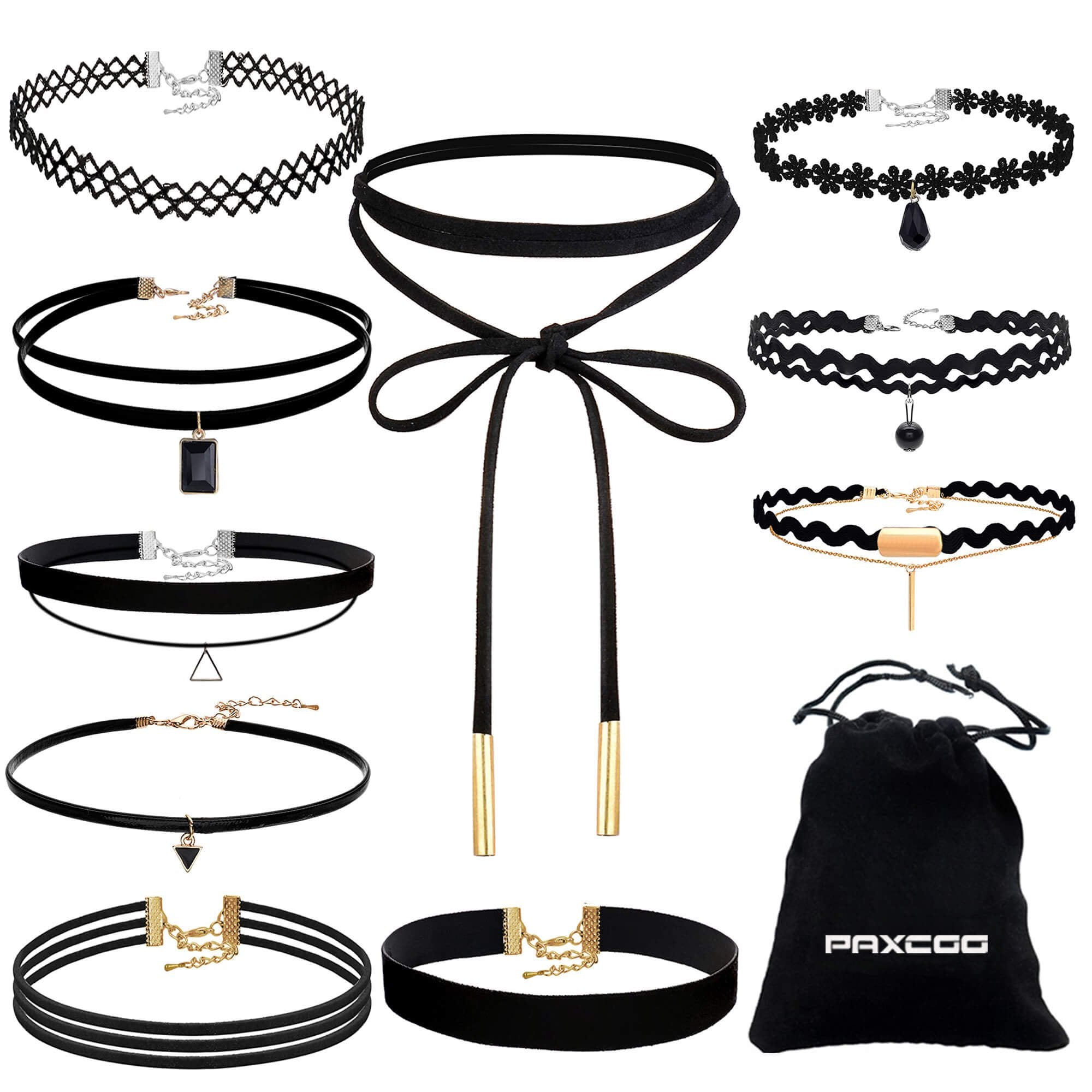 Paxcoo cN-01 Black Velvet choker Necklaces with Storage Bag for Women girls, Pack of 10
