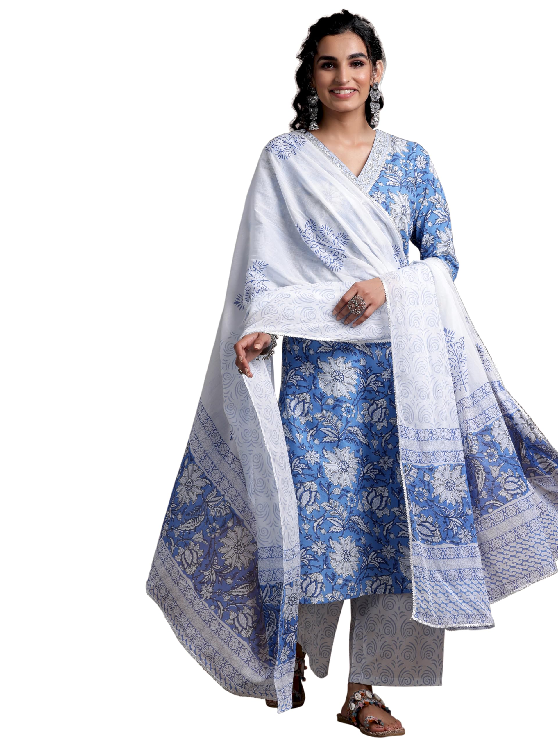 Libas Womens Printed Cotton Straight Kurta With Palazzos And Dupatta_35790H_Blue_2Xl