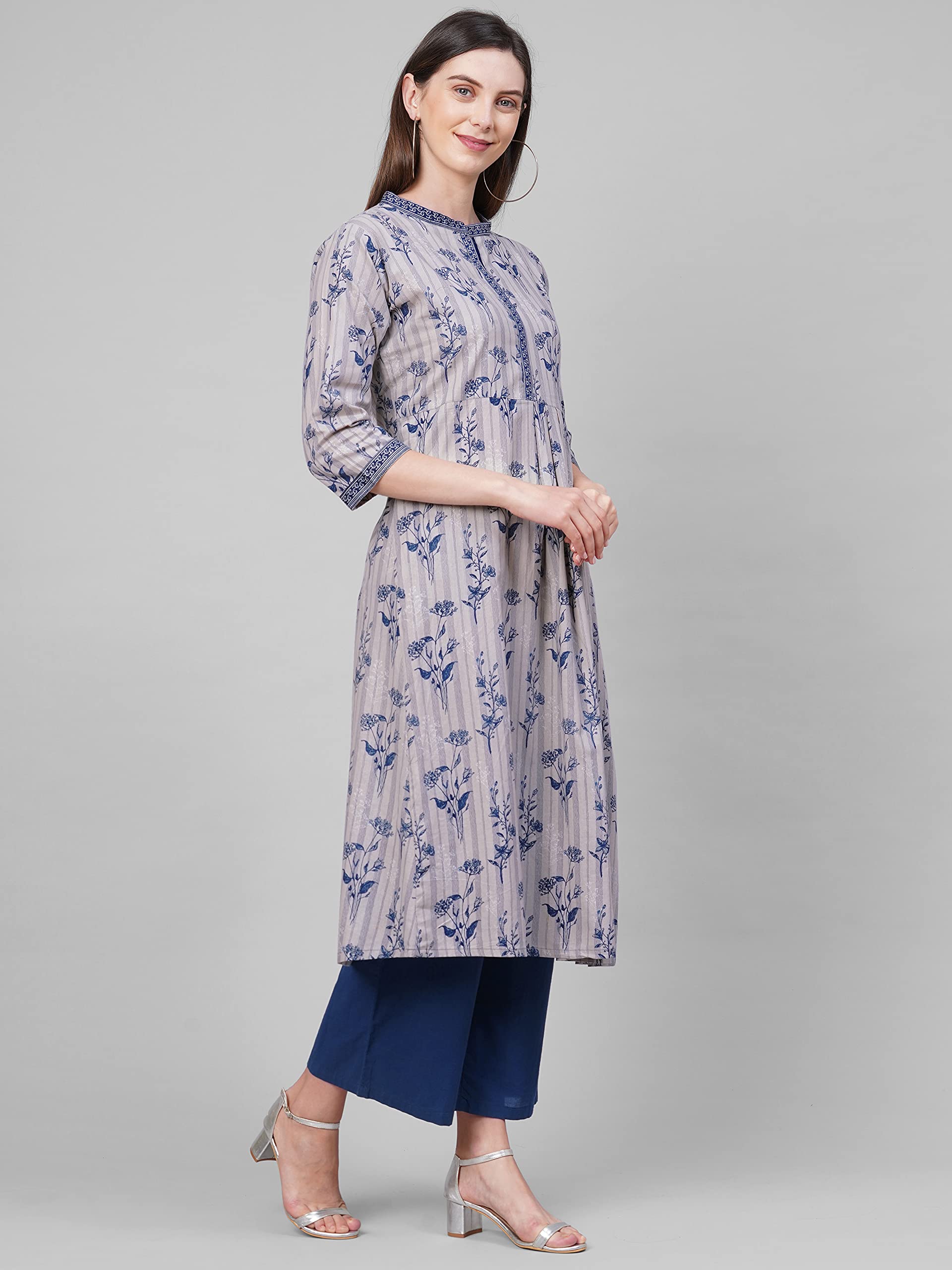 Anni Designer Women'S Pure Cotton Straight Printed Kurta(Brian Grey)