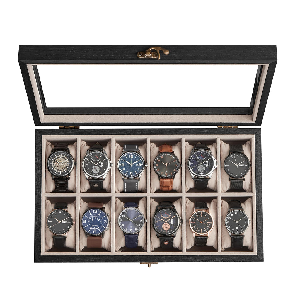 SONGMICS 12-Slot Watch Box, Solid Wood Organizer With Glass Lid, Display Case With Removable Pillows, Gift for Loved Ones, Ebony