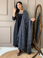 Naixa Womens Silk Chifon Embroidered Flared Kurta with Pant and Dupatta Set