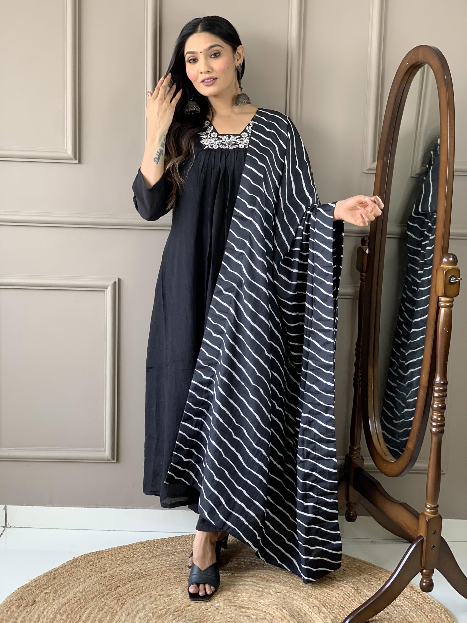 Naixa Womens Silk Chifon Embroidered Flared Kurta with Pant and Dupatta Set