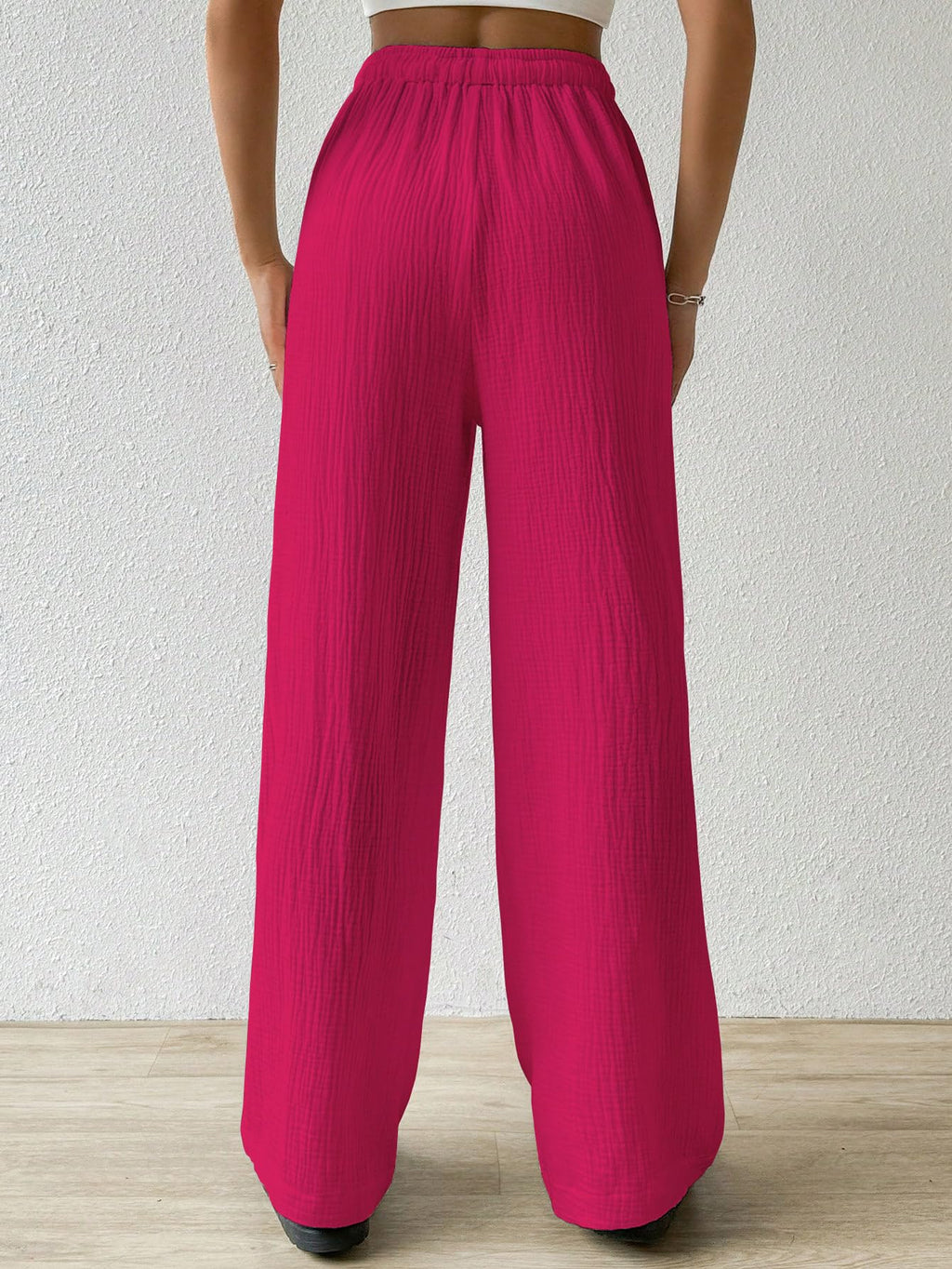 Shasmi Womens Hot Pink Loose Wide-Leg Pants with Textured Wrinkled Fabric and Drawstring Waist Long Trousers (Pant 157 Hot Pink
