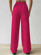 Shasmi Womens Hot Pink Loose Wide-Leg Pants with Textured Wrinkled Fabric and Drawstring Waist Long Trousers (Pant 157 Hot Pink