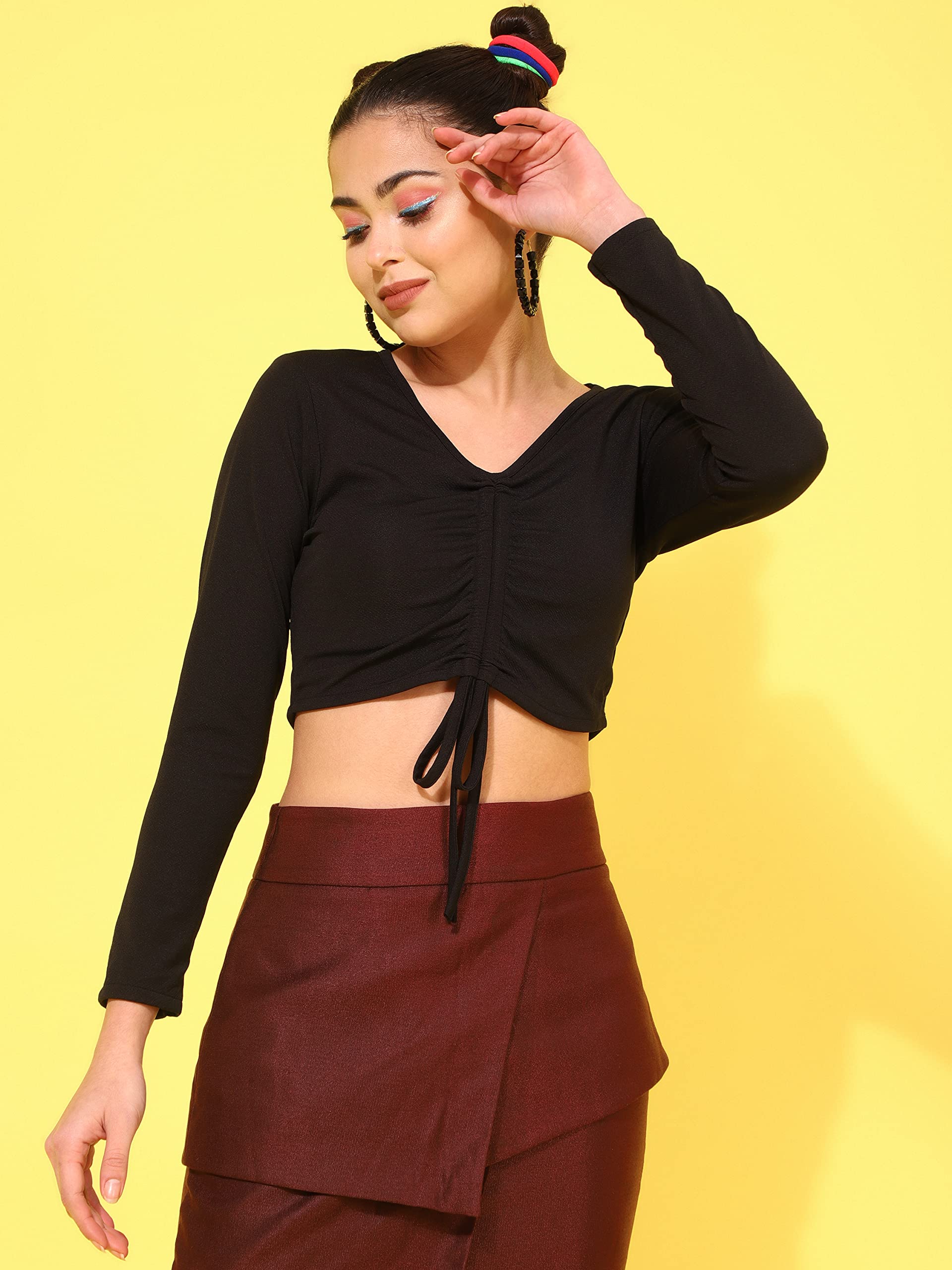 OOMPH! V Neck Crop Tops for Women, Black - mt499