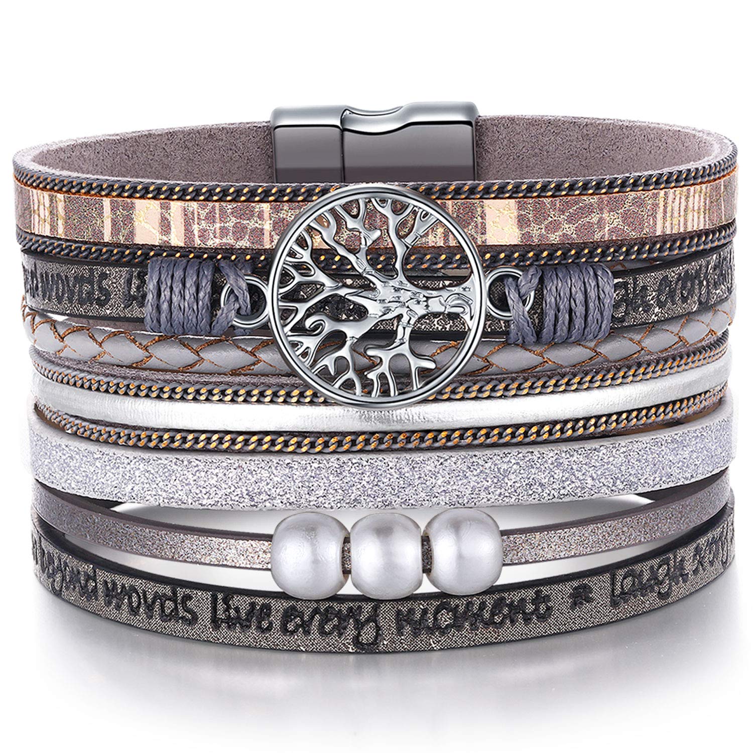 Mom Gifts, Grey Wrap Boho Leather Stacking Multilayer Wide Layered Buckle Family Tree of Life Mom Bracelets, Birthday Christmas 