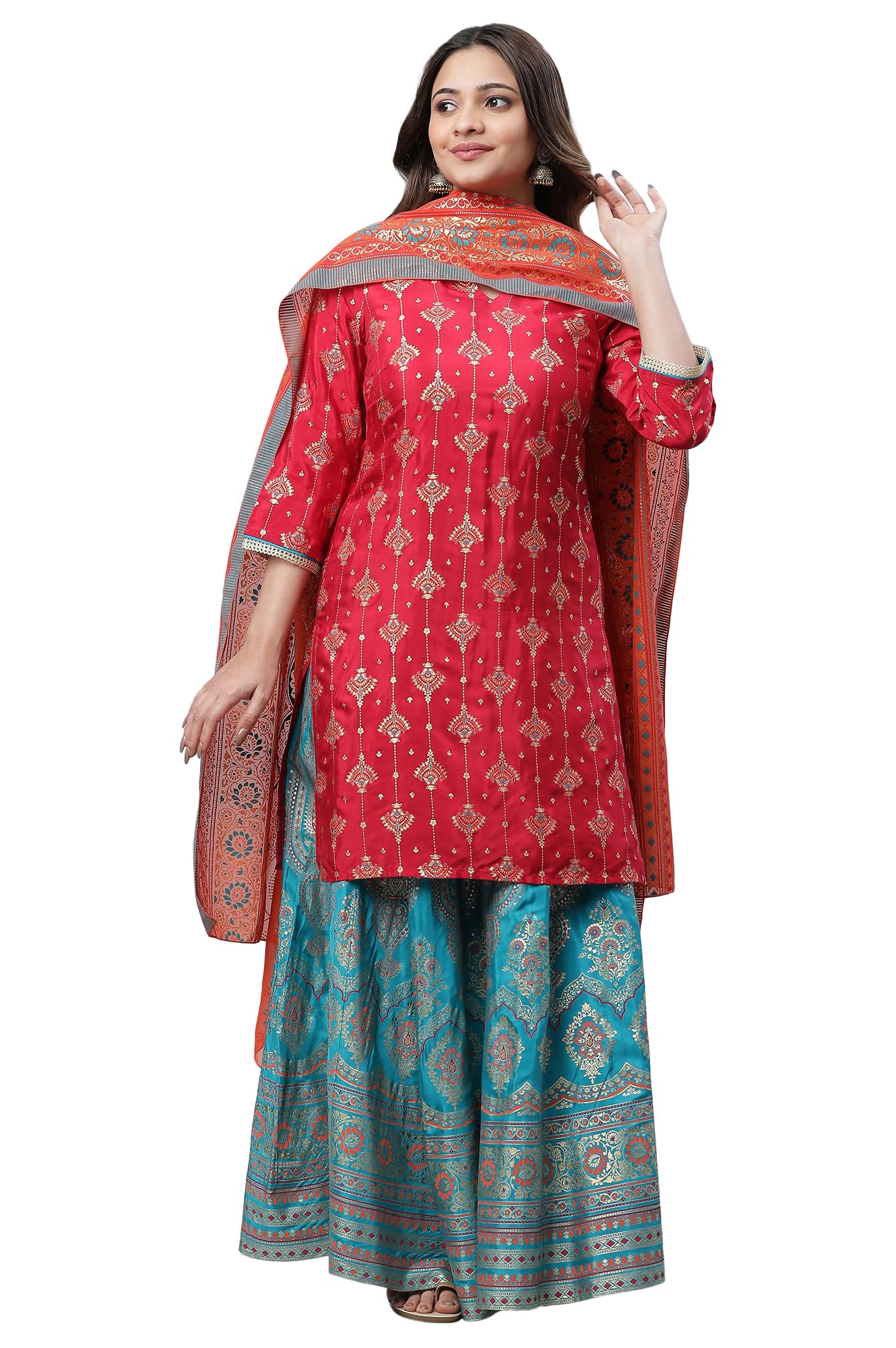Red Shantung Printed Festive Kurta, Skirt And Dupatta Set_23Auas14692-507528
