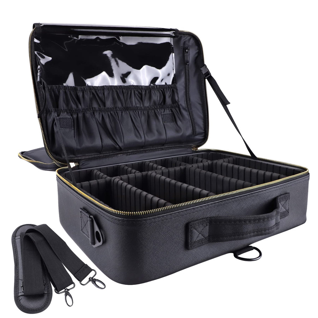 Oewoer Travel Makeup Train Case PU Leather Professional Makeup Case 16 with Adjustable Strap Portable Cosmetic Organizer Artist 
