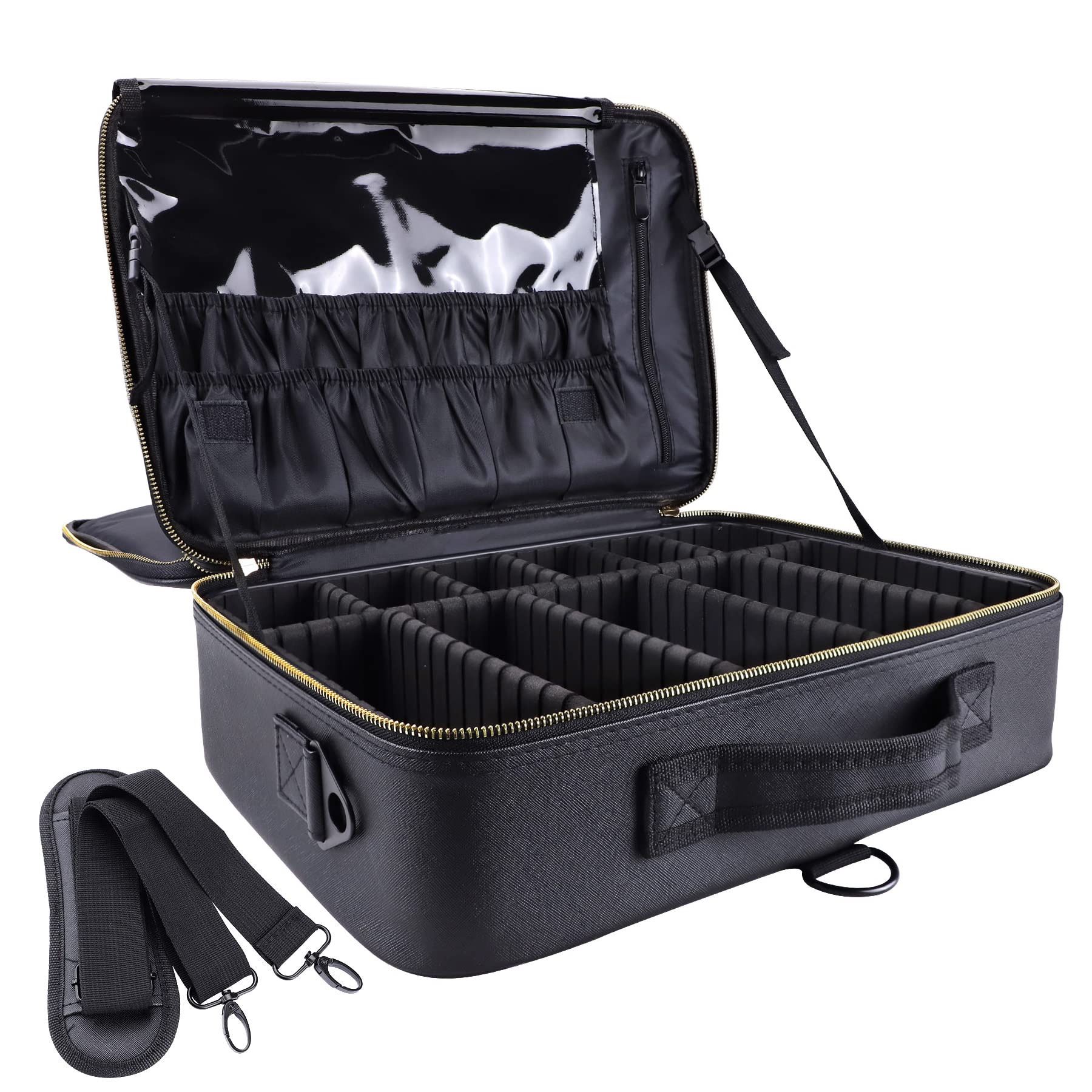 Oewoer Travel Makeup Train Case PU Leather Professional Makeup Case 16 with Adjustable Strap Portable Cosmetic Organizer Artist 