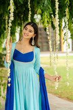 ANNI DESIGNER Anarkali Women s Plain Viscose Kurta with Trousers and Dupatta, Blue, 2XL