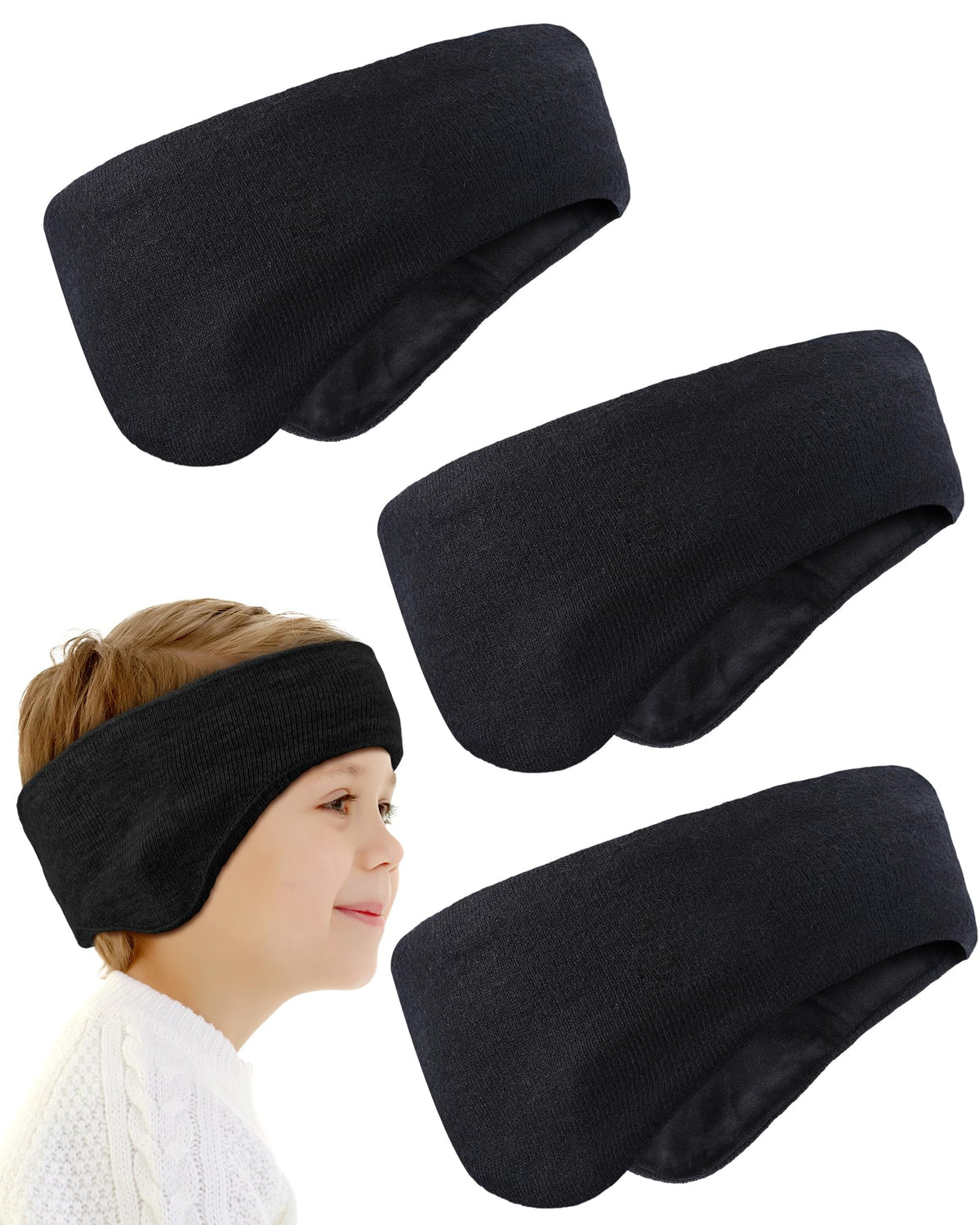 Jenpen 3 Pcs DoubleLayer Ear Warmer For Kids HeadbandKnit Fuzzy Lined Winter Ear Muffs Cover For Boys Girls Ski Cycling(Black  8.74.3