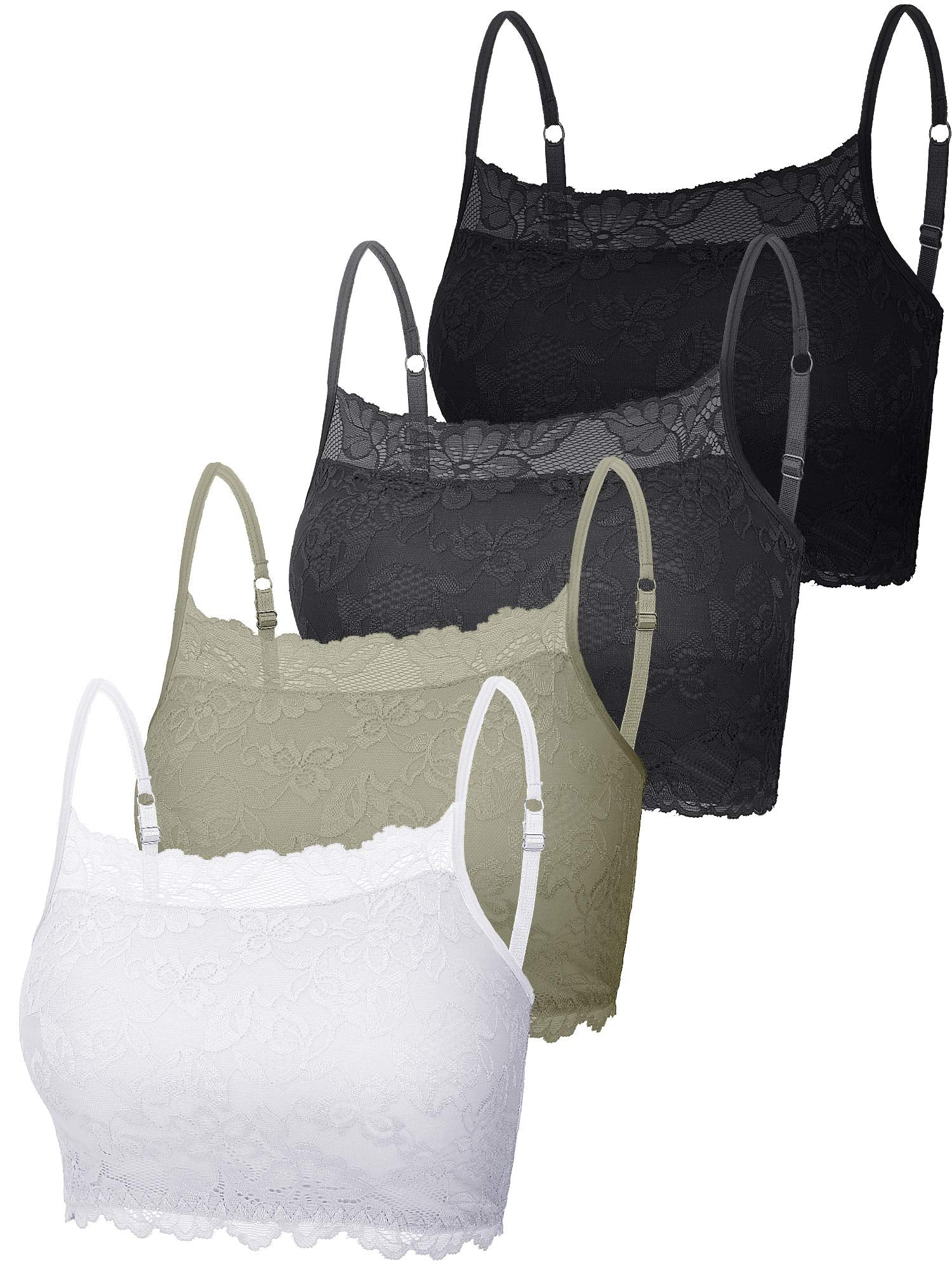 New 4 Pieces Women's Lace Cami Stretch Lace Half Cami Breathable Lace Bralette Top for Women Girls (Black, White, X-Large)