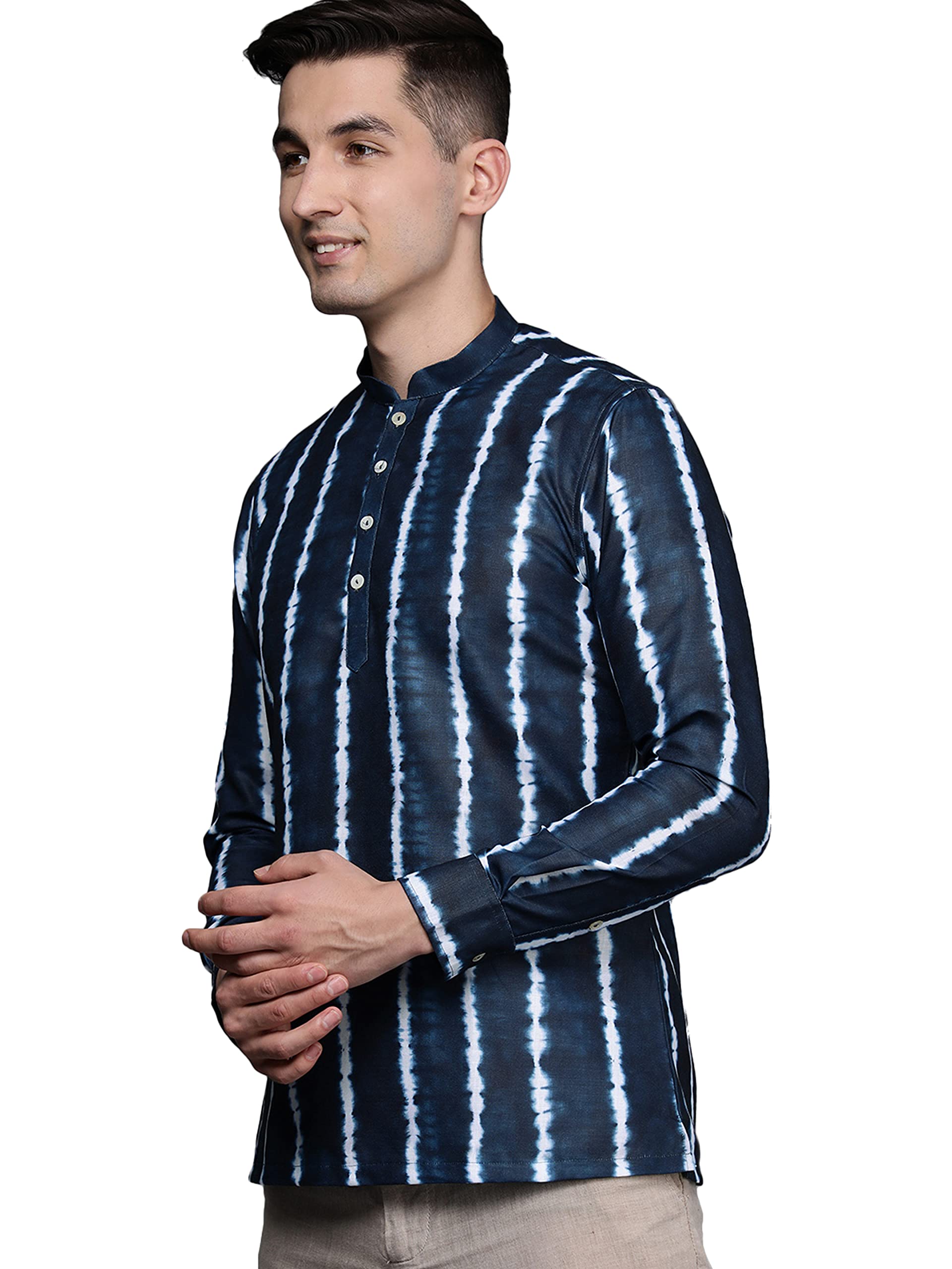 Manyavar MenS Short Kurta, Mandarin Collar Full Sleeves Ethnic Waist Length Kurta, Blended Cotton Striped Kurta For Festival, We