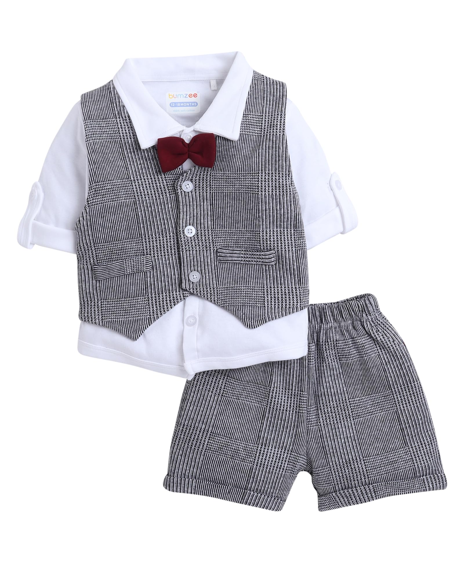 BUMZEE Grey & White Boys Full Sleeves Shirt Waistcoat & Short Set With Applique Bow Age - 2-3 Years (Peb8053F-gry.wht)