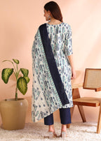 Memore WomenS Poly Rayon Floral Printed Kurta Pant Dupatta Set With V Neck 3/4 Sleeves Straight Calf Length And Soild Bottom El