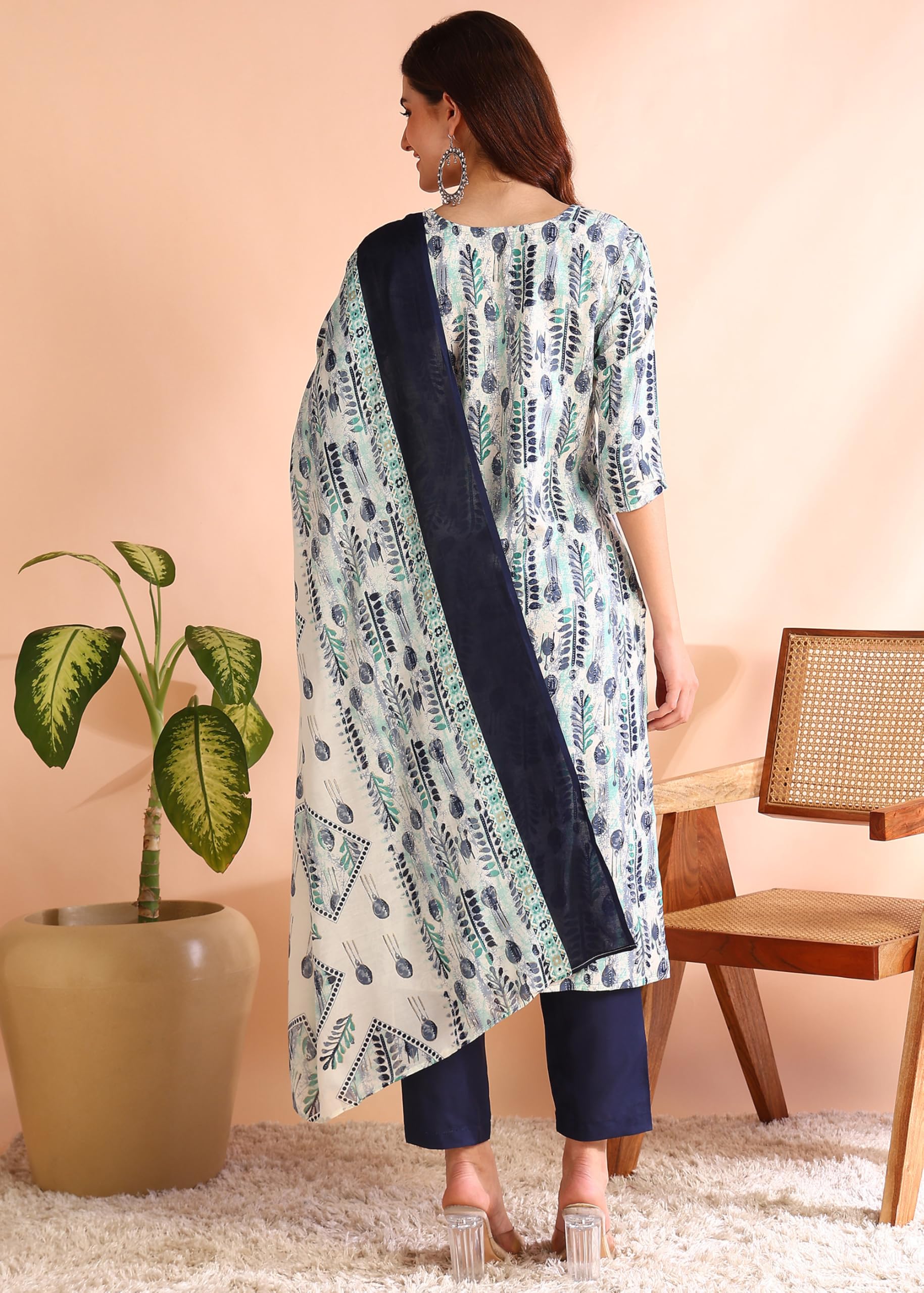 Memore WomenS Poly Rayon Floral Printed Kurta Pant Dupatta Set With V Neck 3/4 Sleeves Straight Calf Length And Soild Bottom El