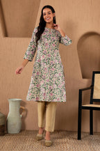 W For Woman Off-W For Womanhite Floral Printed Gota Embellished Cotton Straight Long Kurta