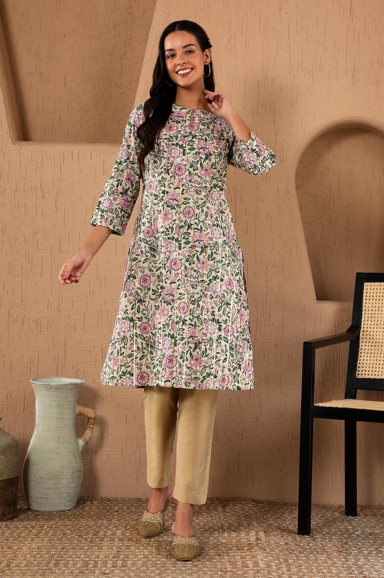 W For Woman Off-W For Womanhite Floral Printed Gota Embellished Cotton Straight Long Kurta