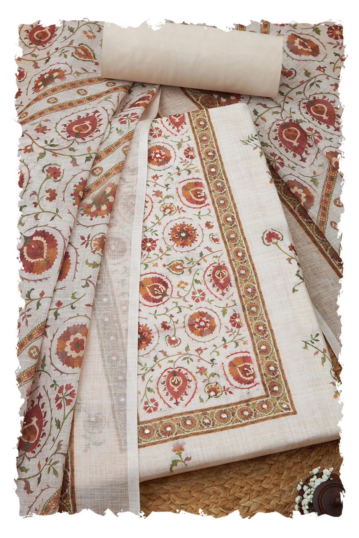 Soch Women Linen Floral Print Unstitched Dress Material with Sequins