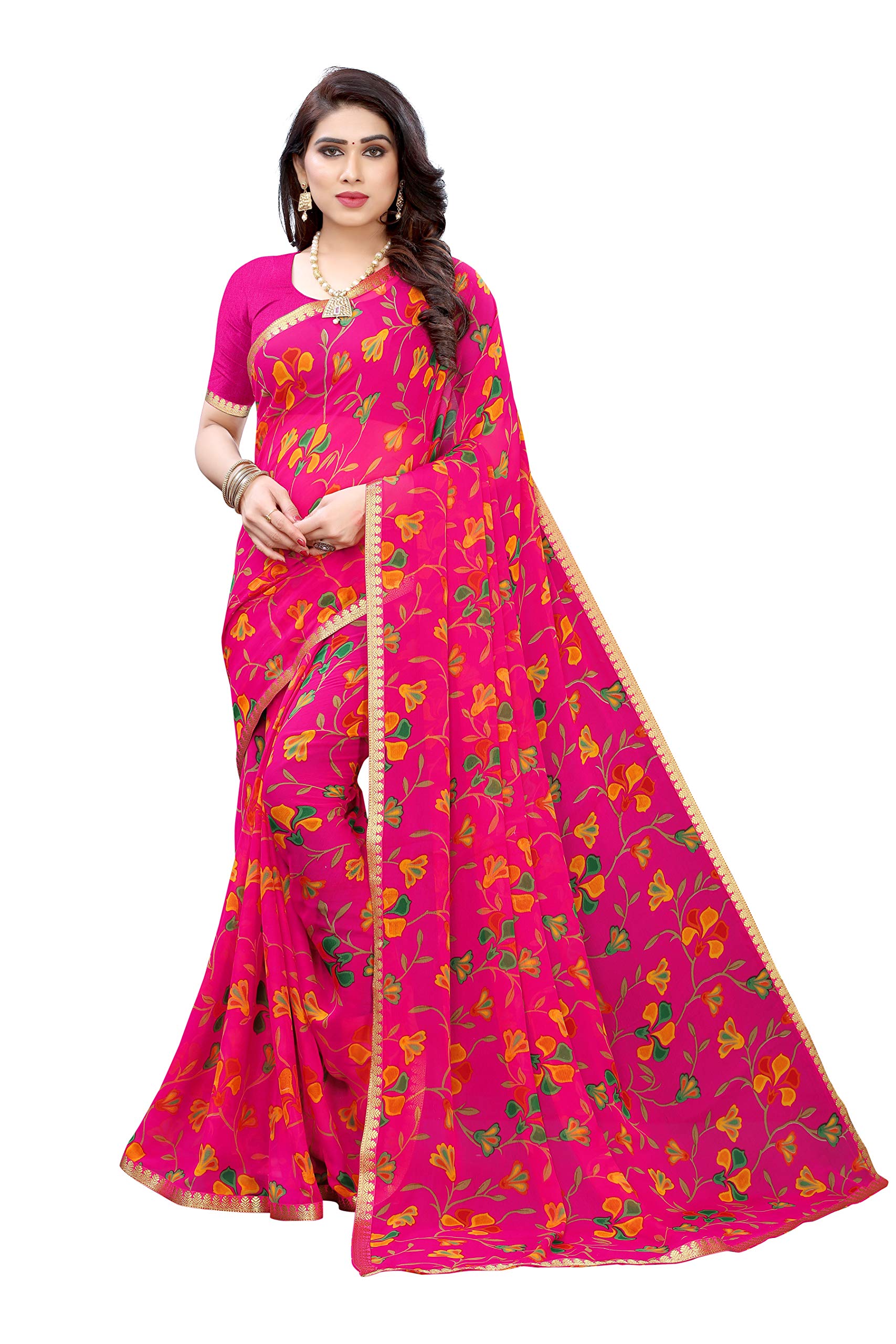 Anni Designer WomenS Chiffon Floral Printed Saree With Border And Blouse Piece (Ziva-Pink_Free Size)