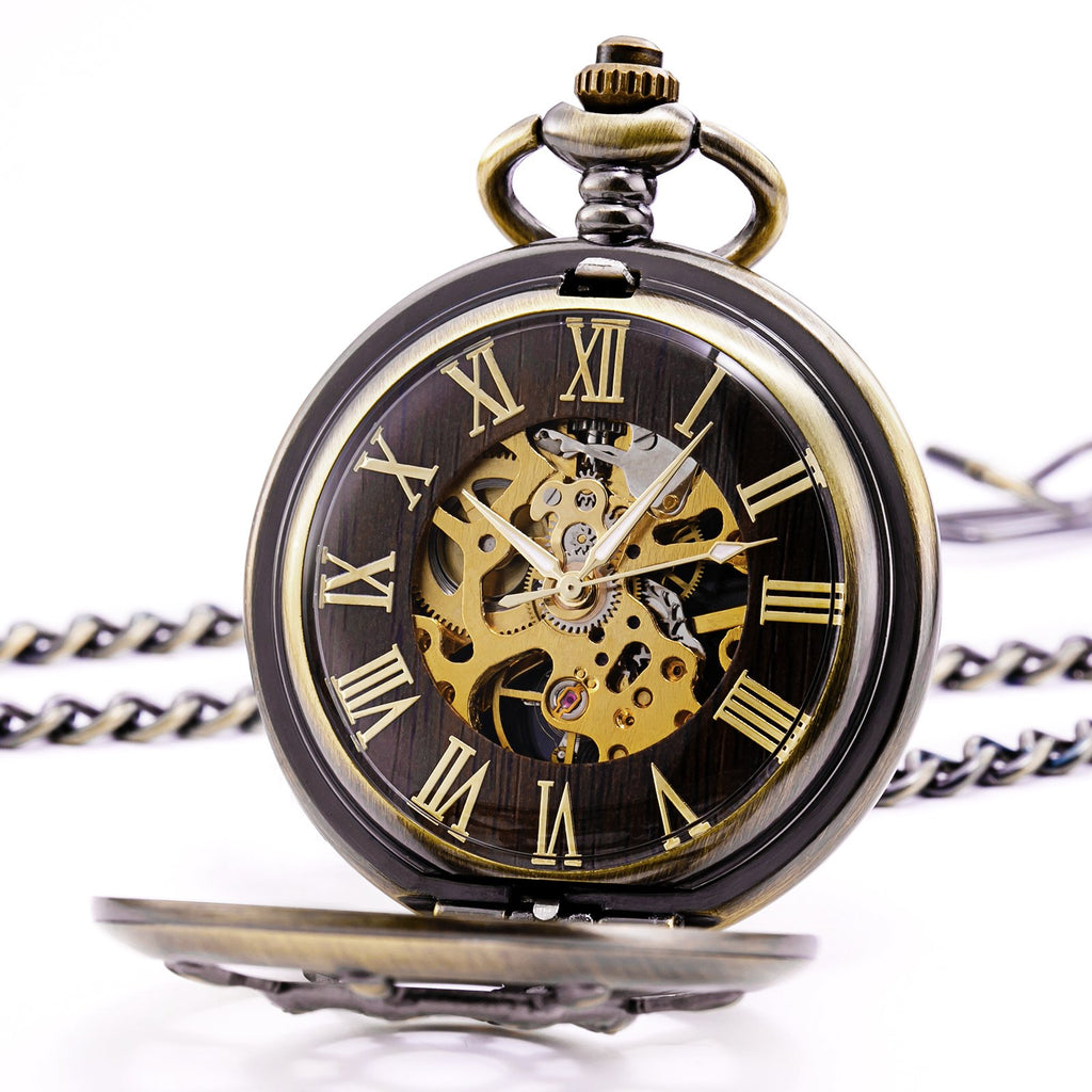 TREEWETO Bronze Rudder Pocket Watch Double Cover Roman Numerals Dial Skeleton Man Women Pocket Watches for Men