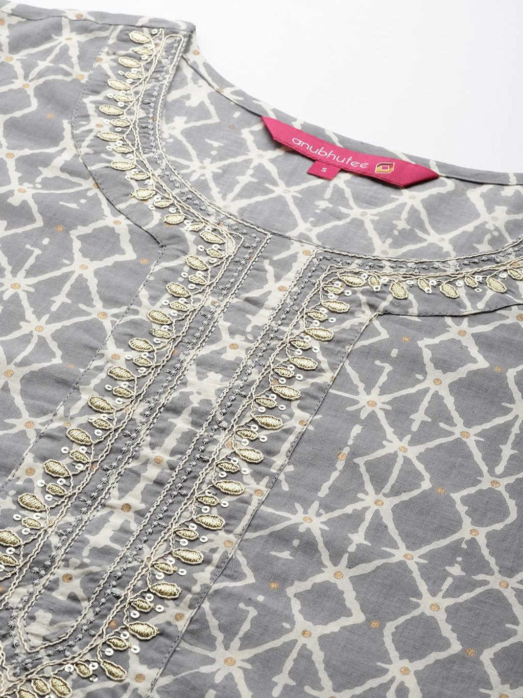 Anubhutee Women'S Cotton Grey Abstract Printed Straight Kurta Suit Set With Pants And Dupatta