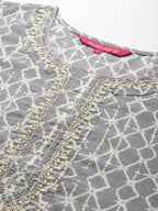 Anubhutee Women'S Cotton Grey Abstract Printed Straight Kurta Suit Set With Pants And Dupatta