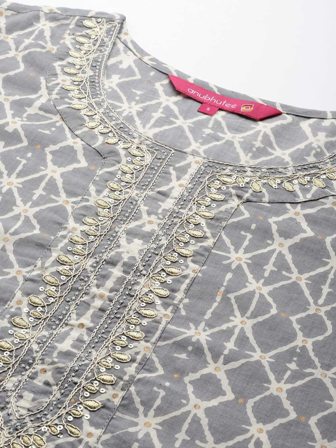 Anubhutee Women'S Cotton Grey Abstract Printed Straight Kurta Suit Set With Pants And Dupatta