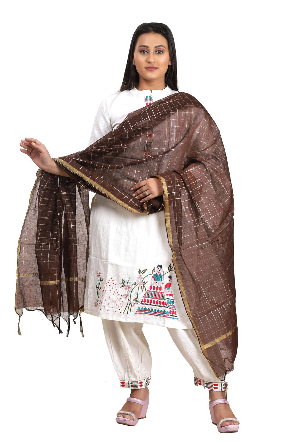 Fabme Women'S Silk Blend Checkered Dupatta With Embellish Golden Border Chocolate, Free Size