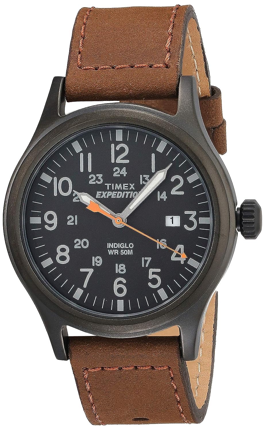 Timex Men's Expedition Scout 40mm Watch - Black Case Black Dial with Brown Leather Strap