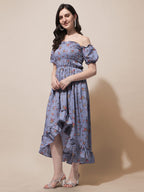 Oomph! Flared Dress For Women Stylish | Long One Piece For Women | Off Shoulder Puff Sleeve Long Dress | Floral Print Maxi One P