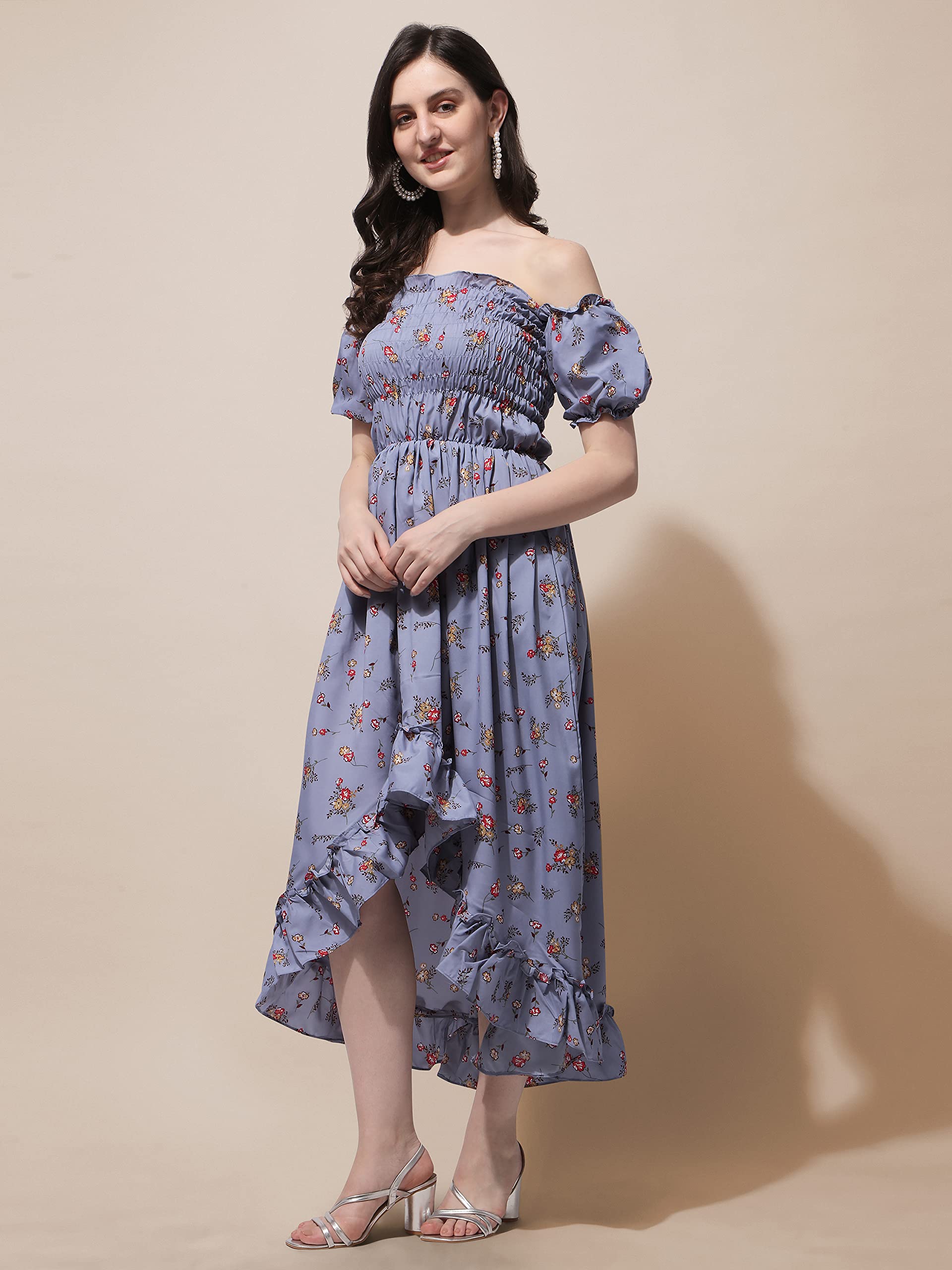 Oomph! Flared Dress For Women Stylish | Long One Piece For Women | Off Shoulder Puff Sleeve Long Dress | Floral Print Maxi One P