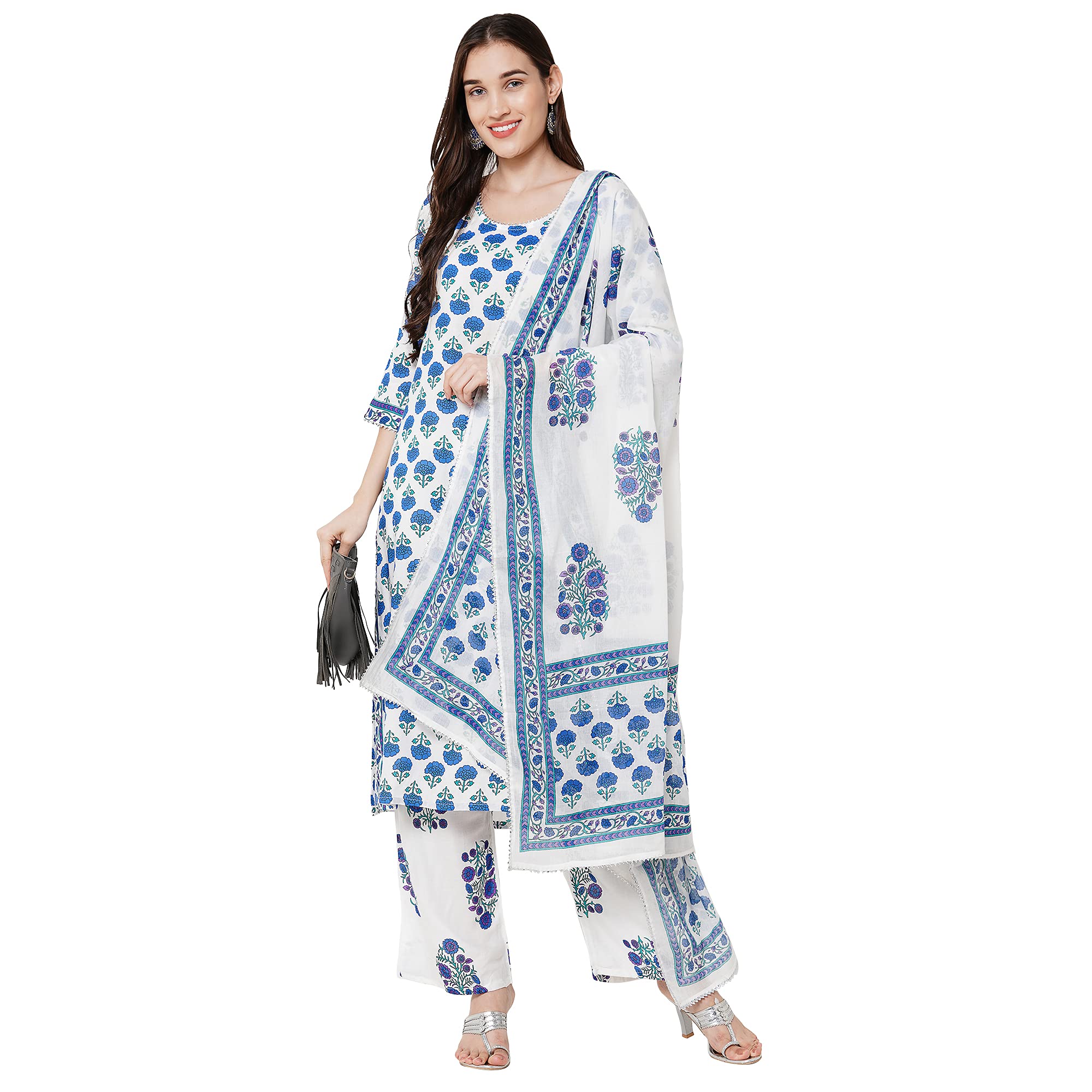 Anni Designer Women'S Rayon Cotton Printed Kurta With Palazzo And Dupatta (Jaipuri Blue_Styl_L_Blue_Large)