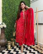 GoSriKi Womens Kurta with Pant & Dupatta Red