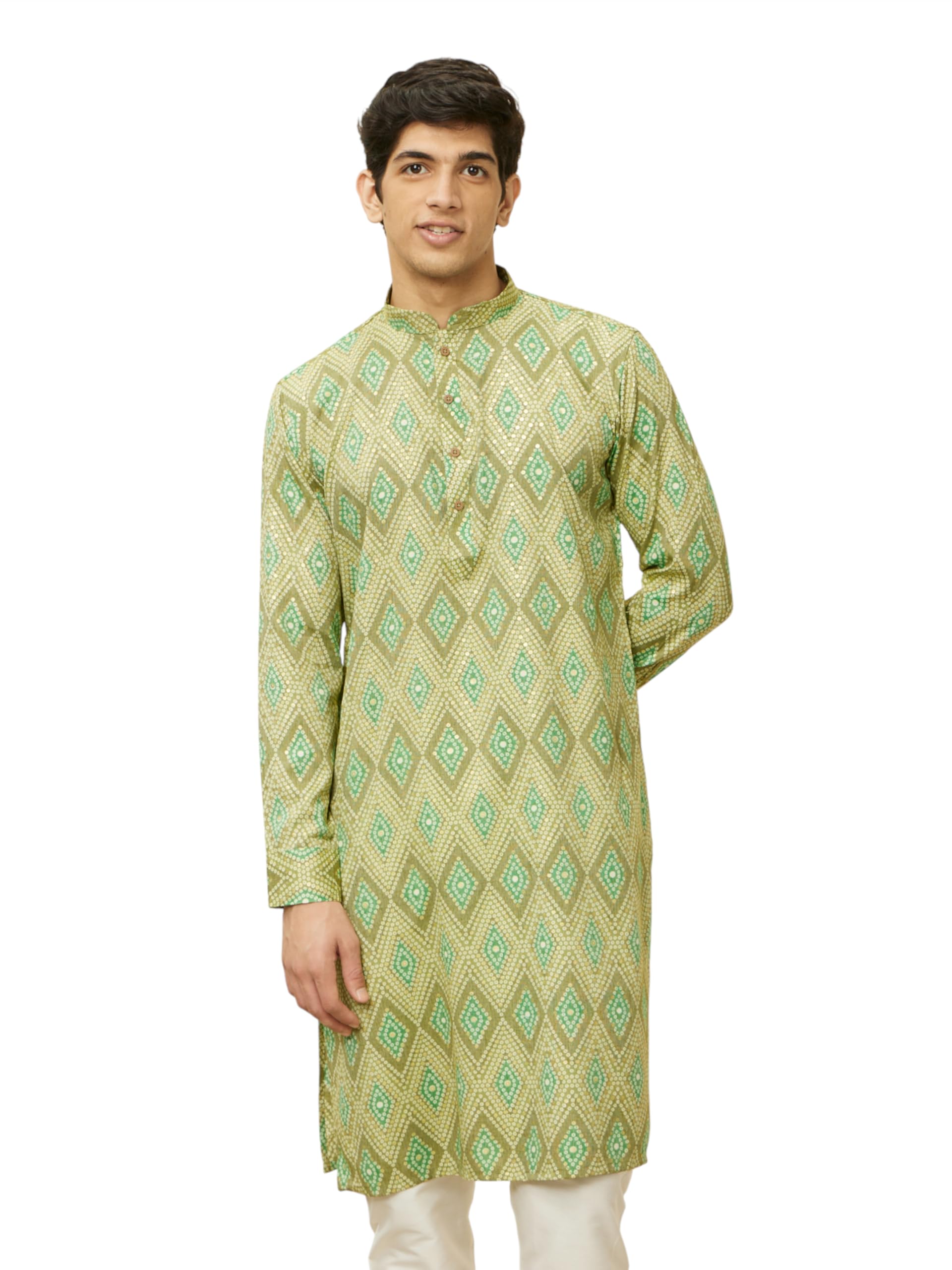 Manyavar Mens Green Blended Cotton Printed Kurtas