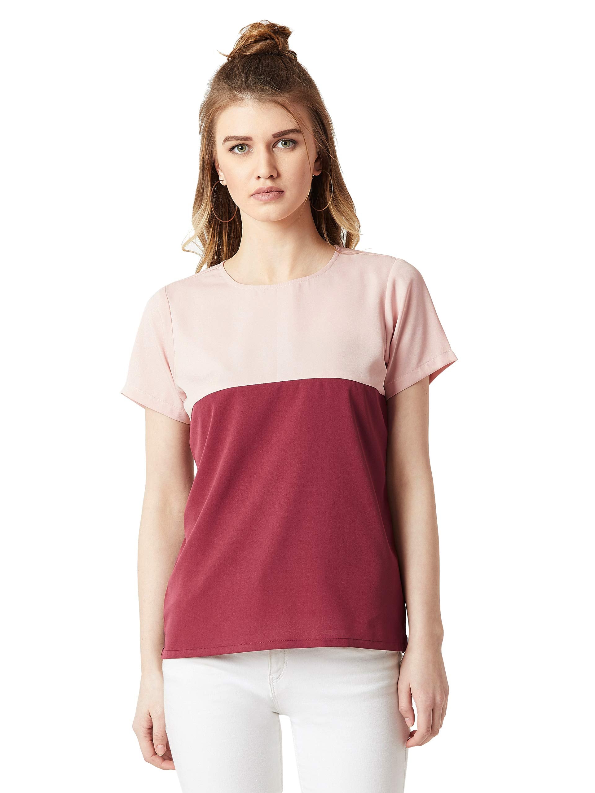 Miss Chase WomenS Blush Pink & Maroon Round Neck Boxy Top (Mcss19Tp12-08-200-06, Multicolor, X-Large)