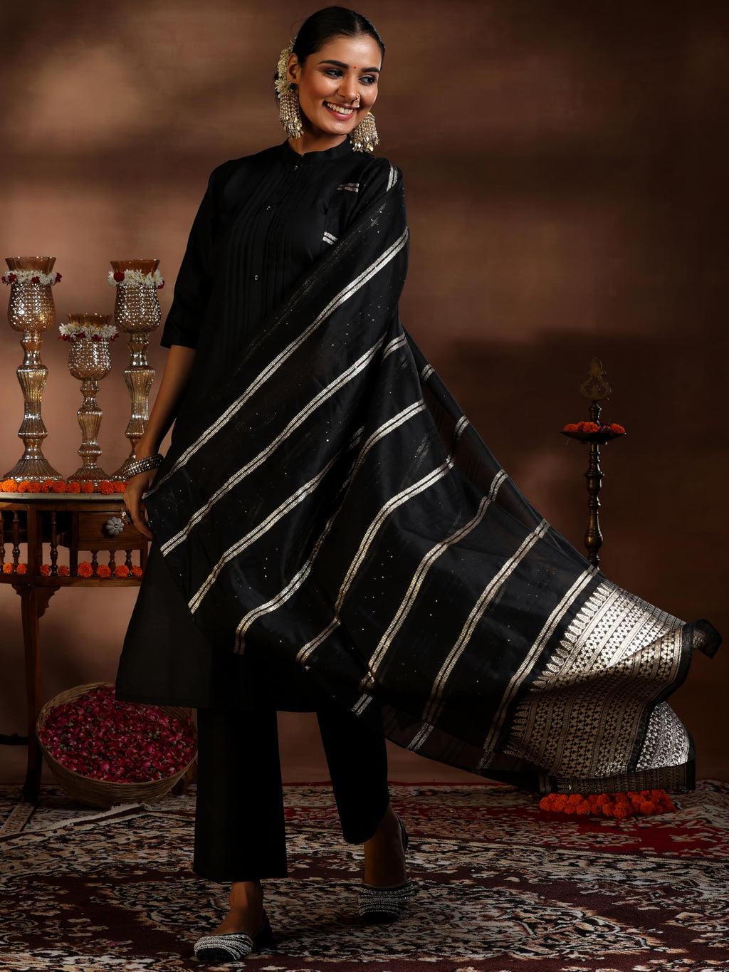 Libas Womens Woven Design Cotton Blend Straight Kurta With Trousers And Dupatta