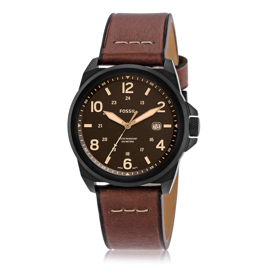Fossil Men's Bronson Quartz Stainless Steel and Leather Three-Hand Watch, Color: Black, Dark Brown (Model: FS5938)
