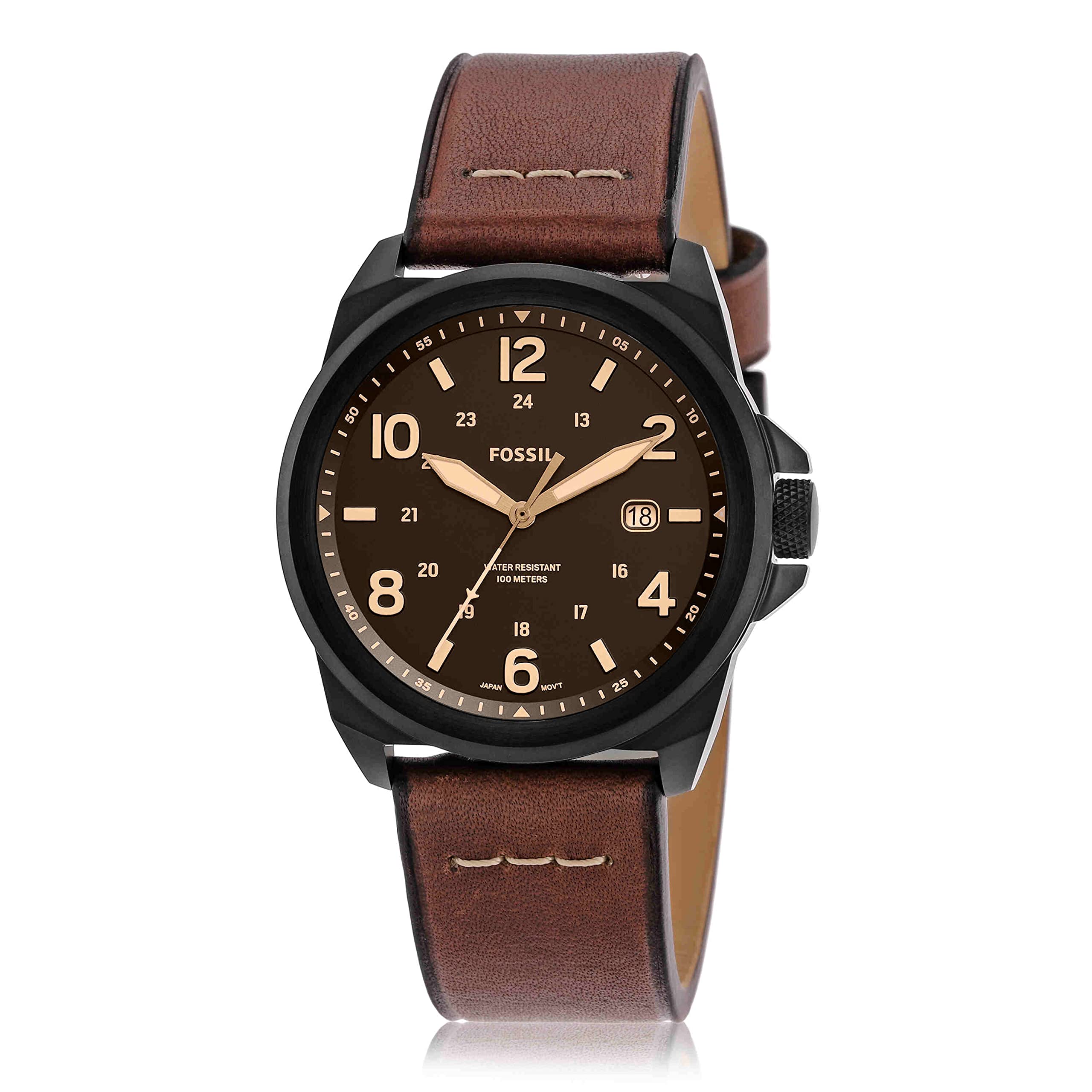 Fossil Men's Bronson Quartz Stainless Steel and Leather Three-Hand Watch, Color: Black, Dark Brown (Model: FS5938)