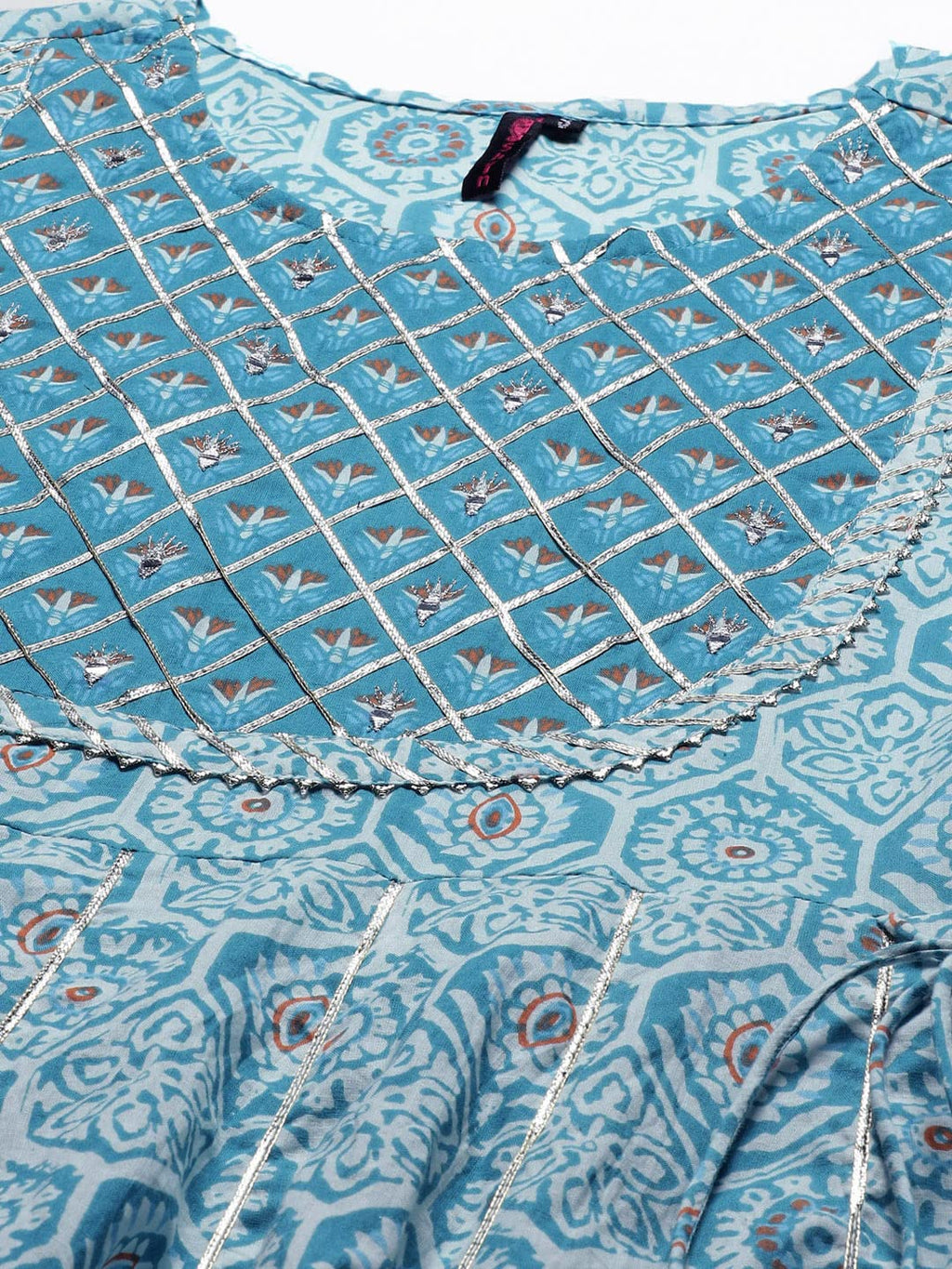 Ishin Women'S Pure Cotton Blue Embroidered Anarkali Kurta Suit Set With Dupatta & Sharara