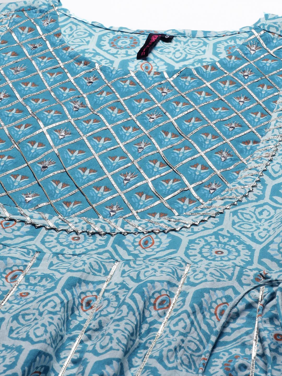 Ishin Women'S Pure Cotton Blue Embroidered Anarkali Kurta Suit Set With Dupatta & Sharara